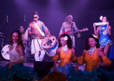 Artistes en tenue brésilienne jouant de la musique sur scène